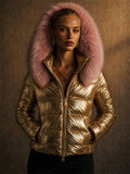 Women Shiny Faux Fur Hood Winter Puffer Parka Coats
