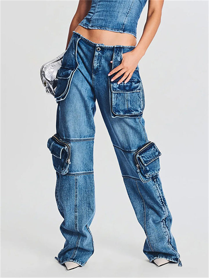 Fashion Mid Rise Pockets Patchwork Cargo Denim Pants for Women