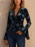 Women Vintage Floral Lace Trim V Neck Flare Sleeve Top