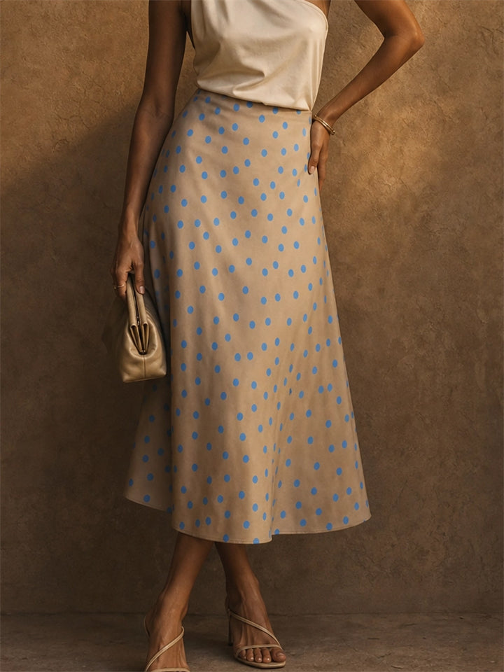 Women Polka Dot  & Circular Print High Waist A Line Satin Midi Skirt