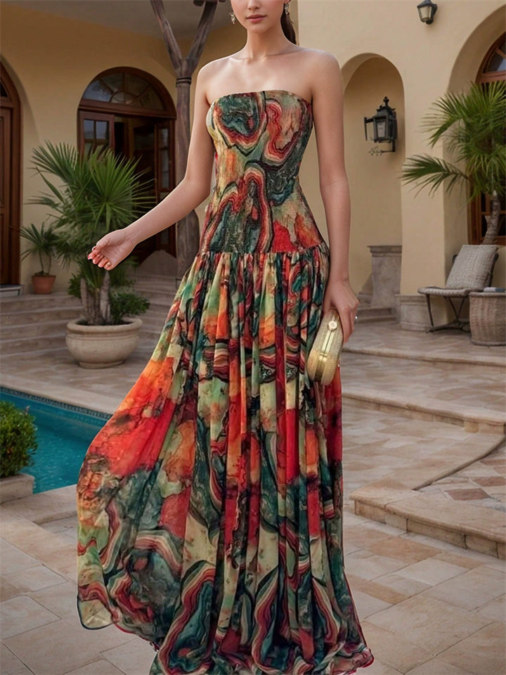 Women's Summer Bohemian Print Strapless Maxi Dress for Beach Party Gown