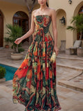 Women's Summer Bohemian Print Strapless Maxi Dress for Beach Party Gown
