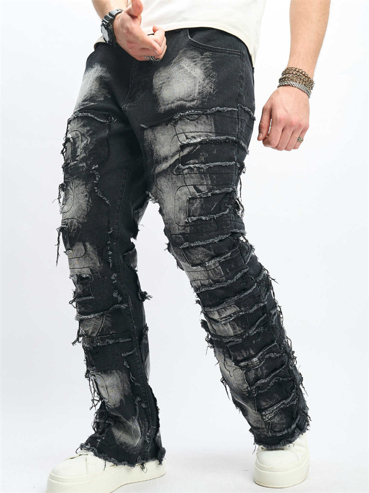 Men's High Street Black Patchwork Ripped Distressed Skinny Denim Jeans