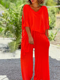 Women's 2Pcs Solid Color Shoulder Cut Lace Up Sleeve Shirt &Pants Set