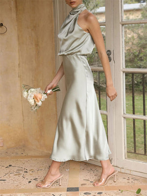 Elegant Sleeveless Silky Soft Halter Cocktail Dress for Lady