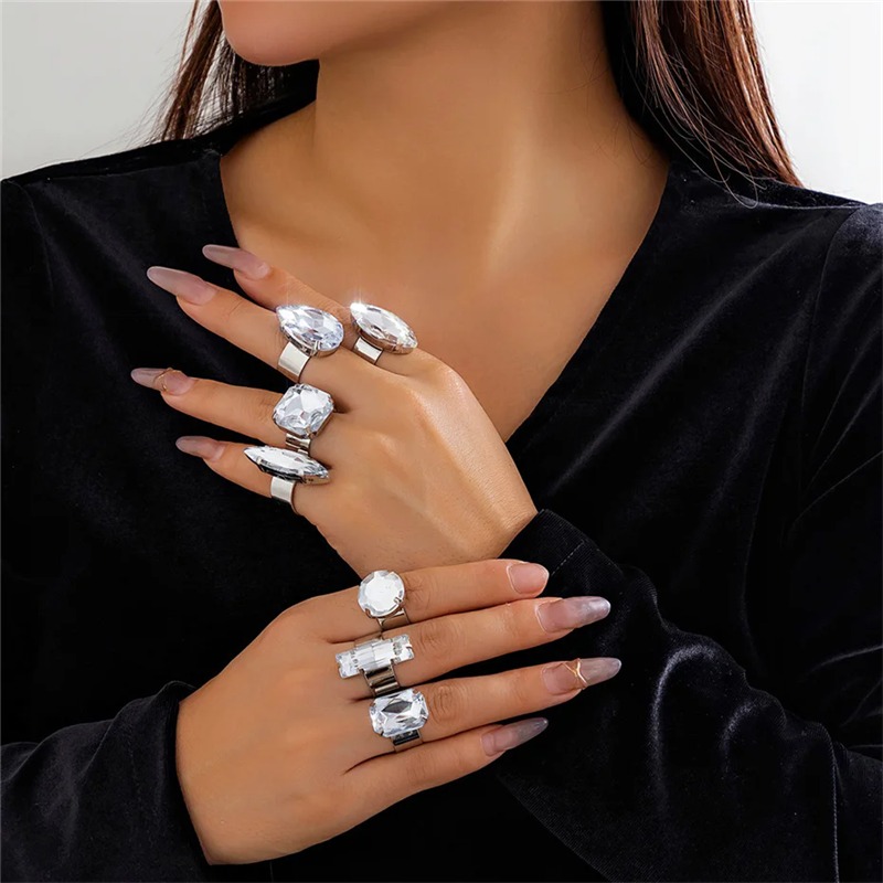 Ladies Exaggerated Sparkling Big Rhinestone Party Rings
