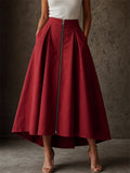 Women High Low Pleated Zipper Front Pockets Midi Skirts