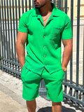 Comfy Short Sleeve Solid Color Lapel Button up Outfits For Men
