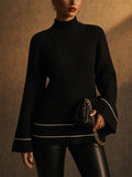 Women Mock Neck Ribbed Knit Sweater with Stripe Detail