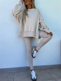 Women's Autumn Loose Solid Color Round Neck Split Hem Sweatshirts & Sweatpants Outfit