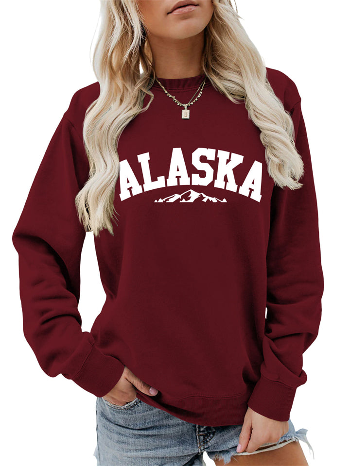 Women's Simple Alaska Range Print Crew Neck Hoodies