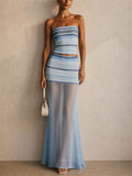 Women Striped Tube Top Sheer Mesh Patchwork Maxi Skirt Set