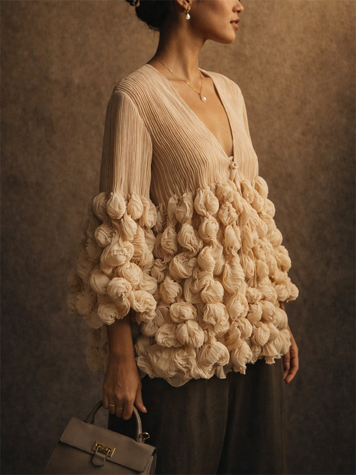 Womens V Neck Pleated Popcorn Textured Flare Sleeve Blouse