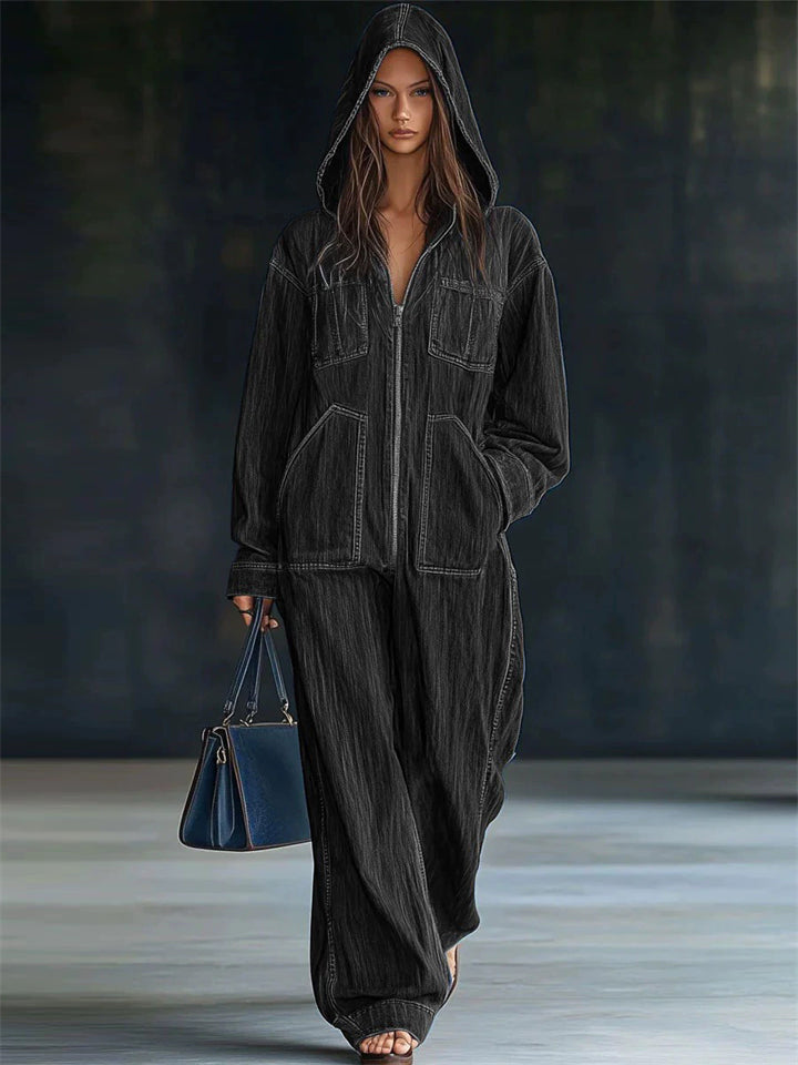 ‌Womens Trendy Chill Streetwear Denim Hooded Jumpsuit with Pockets‌