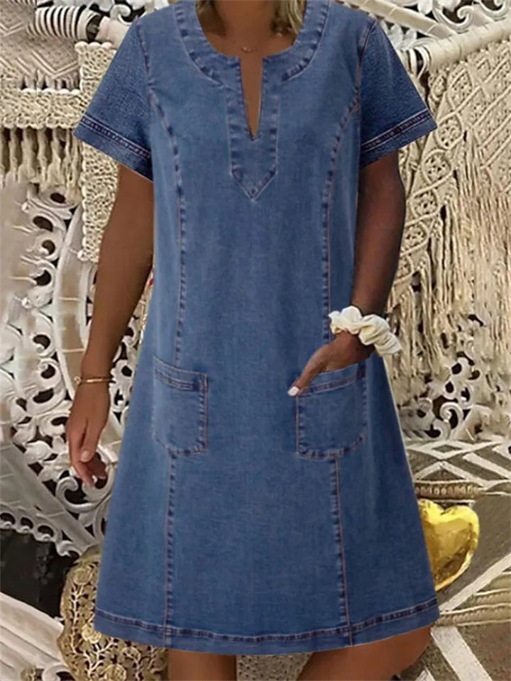 Women's Summer Solid Color V Neck Pockets Denim Dress