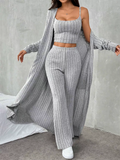 Women's Casual Home Comfy Gray Striped Knitted 3-Piece Set