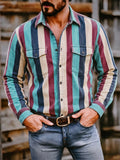 Men Striped Button Down Long Sleeve Chest Pocket Shirts