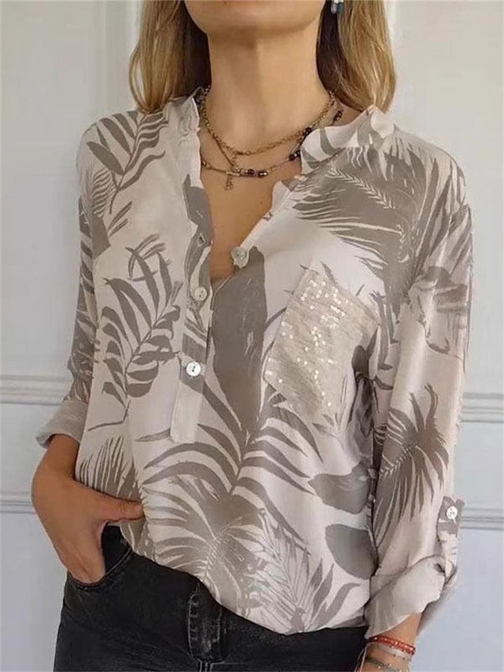 Women's Casual Print V Neck Button Up Long Sleeve Shirt
