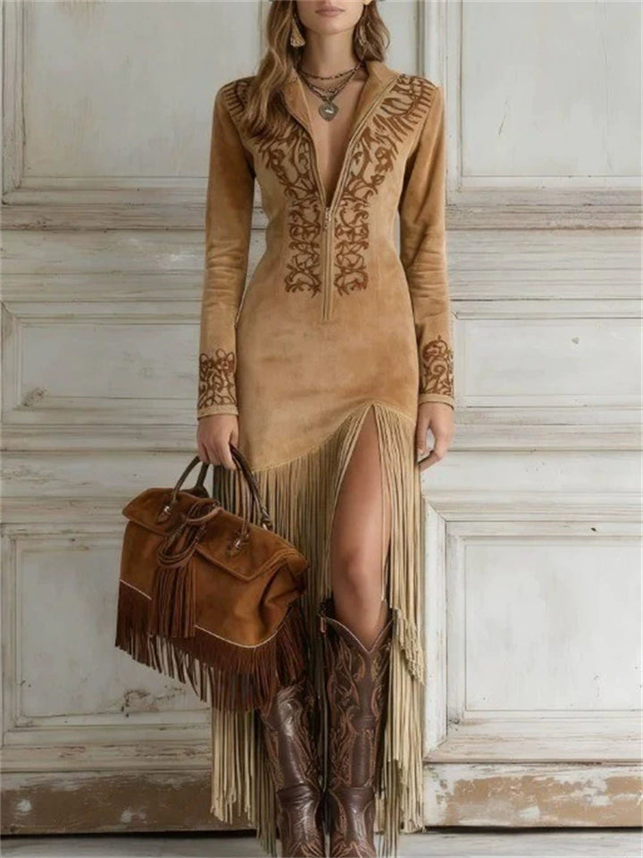 Autumn Chic Boho Style Printed Split Fringe Long Dress for Women