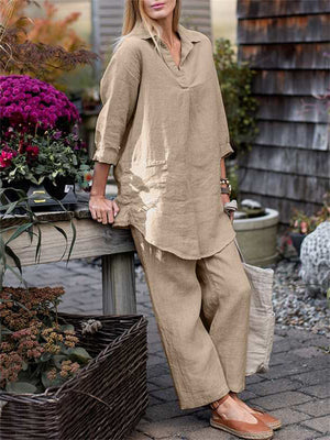 Country Style Casual Plain Long Sleeve Shirt and Straight Leg Pants