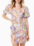 Women's Colourful Flower V Neck Bodycorn Mini Dress