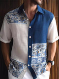 Men's Summer Blue Print Contrast Color Holiday Style Short Sleeve Shirt