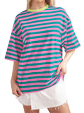 Casual Contrast Color Stripes Round Neck T-shirt for Women