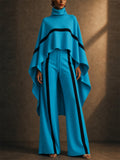 Women's Elegant Turtleneck Raglan Sleeves Color Block Cape and Pants Set