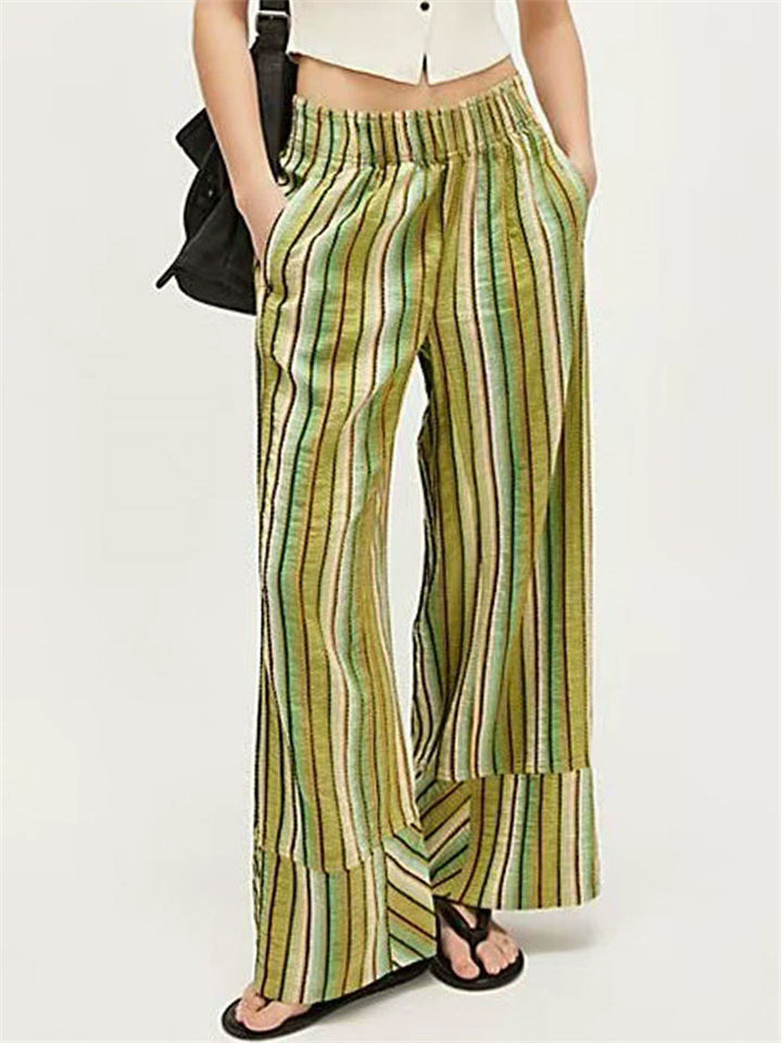 Women's Vintage Contrast Color Striped Elastic Waist Pants