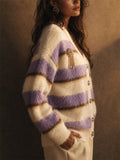 Women's Fuzzy Color Block Striped Mohair Knit Cardigan Sweater