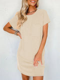 Summer Casual Round Neck Chest Pocket Mini Striped Dress for Lady