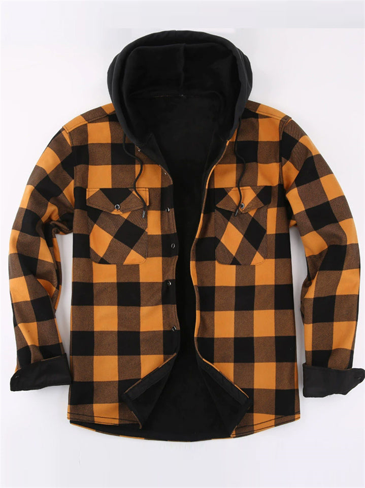 Men's Casual Loose Fit Fleece Lined Plaid Hooded Shirts