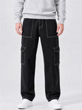 Mens Contrast Stitch Baggy Wide Leg Cargo Pants with Pockets