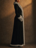 Women Elegant Gray Faux Fur Trimmed Black Suede Floor Length Coats