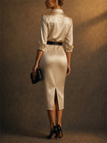 Women Champagne Satin Cowl Neck Belted Shirt Midi Dress