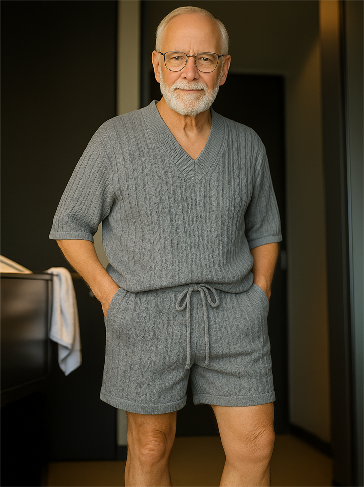 Men's Cozy Solid Color Knitting Shirt & Shorts Set