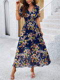 V-Neck Floral Print Holiday Maxi Dresses for Ladies