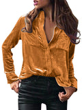 Ladies' Casual Solid Color Lapel Button Up Long Sleeve Corduroy Blouses