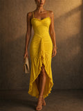 Womens Sexy Ruched Ruffle Bodycon High Low Slit Maxi Dress