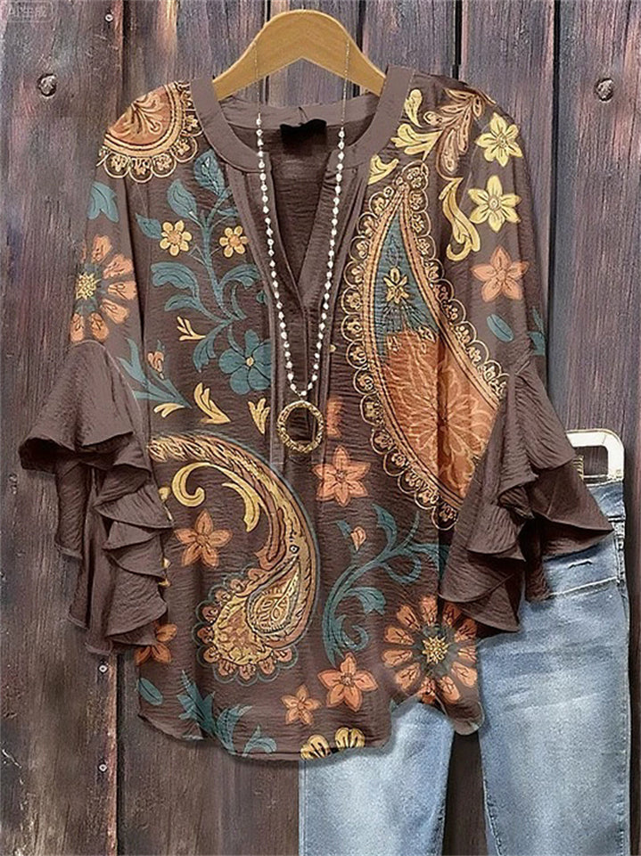 Women's Summer Holiday Style Floral Printed Ruffle Sleeve Blouses