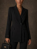 Women Rhinestone Double Breasted Slit Hem Blazer Jacket