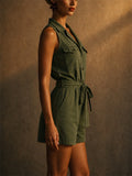 Women Olive Green Utility Romper Sleeveless Belted Jumpsuits