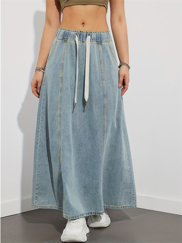Women A-Line Long Casual Elastic Waist Denim Skirt