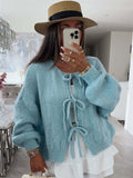 Women's Solid Color Round Neck Lace Up Cardigan Sweater