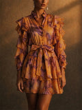 Womens Elegant Watercolor Organza Ruffled Tiered Mini Dress