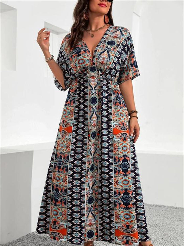 Bohemian Ethnic Style Print V-Neck Ruched Waist Maxi Dress for Women