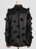 Fashion Women's Black 3D flower Lapel Long Sleeve Blouses