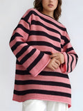 Women's Casual Sabrina Neck Stripe Contrast Color Long Sleeve Sweaters