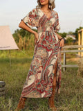 Women's Elegant Retro Print V Neck Short Sleeve Split Dress