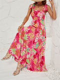 Female Holiday Floral Leaf Print Sleeveless Pleated Dress